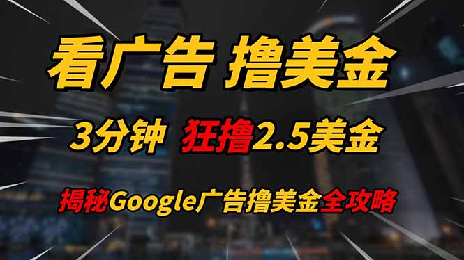 （14701期）看广告，撸美金！！3分钟赚2.5美金！！日入200美金不是梦！揭秘Google…