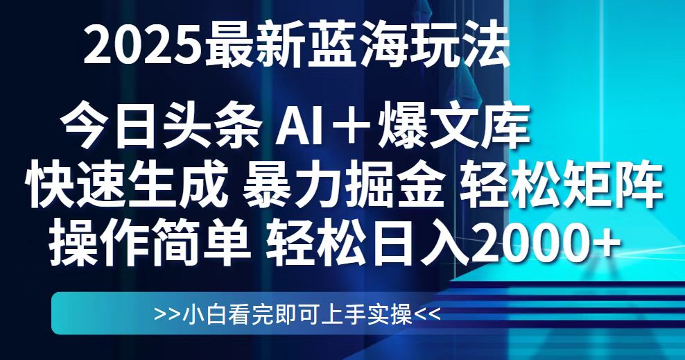 （14805期）今日头条2025最新蓝海玩法，思路简单，复制粘贴，轻松实现矩阵日入2000+
