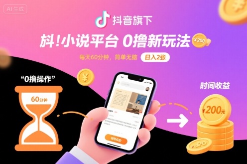 抖音旗下小说平台0撸新玩法，每天挂G60分钟，简单无脑，日入2张