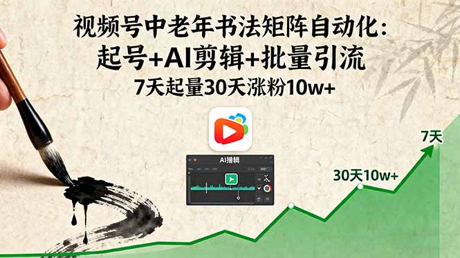 （16022期）视频号中老年书法矩阵自动化：起号+AI剪辑+批量引流 7天起量30天涨粉10w+