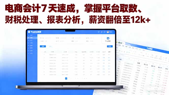 （16192期）电商会计7天速成，掌握平台取数、财税处理、报表分析，薪资翻倍至12k+