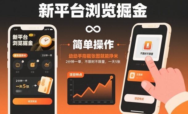 新平台浏览掘金,动动手指截张图就能挣米,2分钟一单,不限时不限量,一天5张