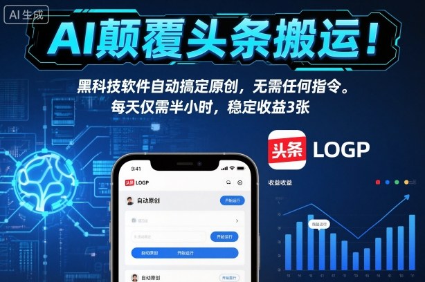 AI颠覆头条搬运!黑科技软件自动搞定原创,无需任何指令。每天仅需半小时,稳定收益3张