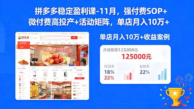 (16557期)拼多多稳定盈利课-11月,强付费SOP+微付费高投产+活动矩阵,单店月入10w+