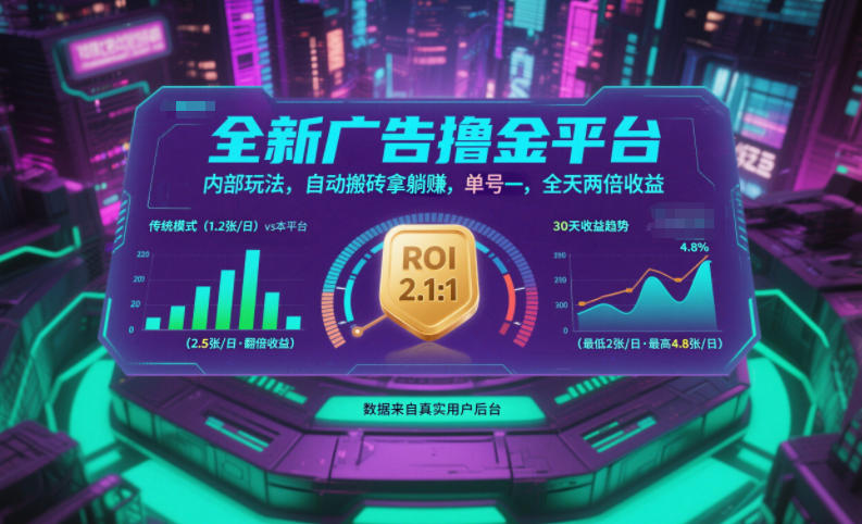 全新广告撸金平台,内部玩法,自动搬砖拿躺賺,单号一天保底2张+,全天两倍收益