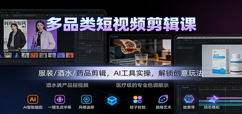 多品类短视频剪辑课:服装/酒水/药品剪辑,AI工具实操,解锁创意玩法