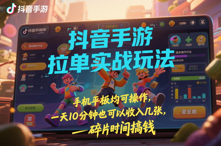 抖音手游拉单实战玩法，手机平板均可操作，一天10分钟也可以收入几张，碎片时间搞钱