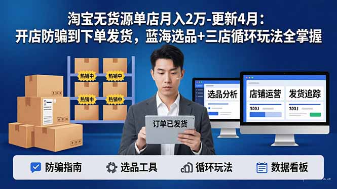 (17988期)淘宝无货源单店月入2万-更新4月:开店防骗到下单发货,蓝海选品+三店循环玩法全掌握