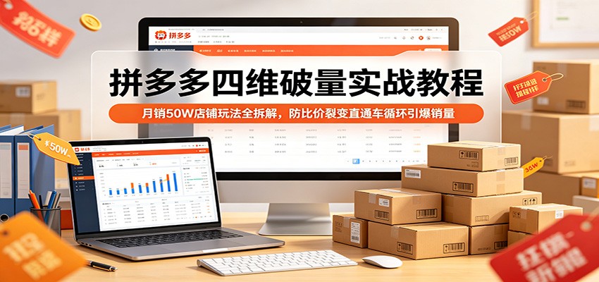 拼多多四维破量实战教程:月销50W店铺玩法全拆解,防比价裂变直通车循环引爆销量