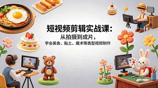 （18375期）短视频剪辑实战课：从拍摄到成片，学会美食、粘土、魔术等类型视频制作