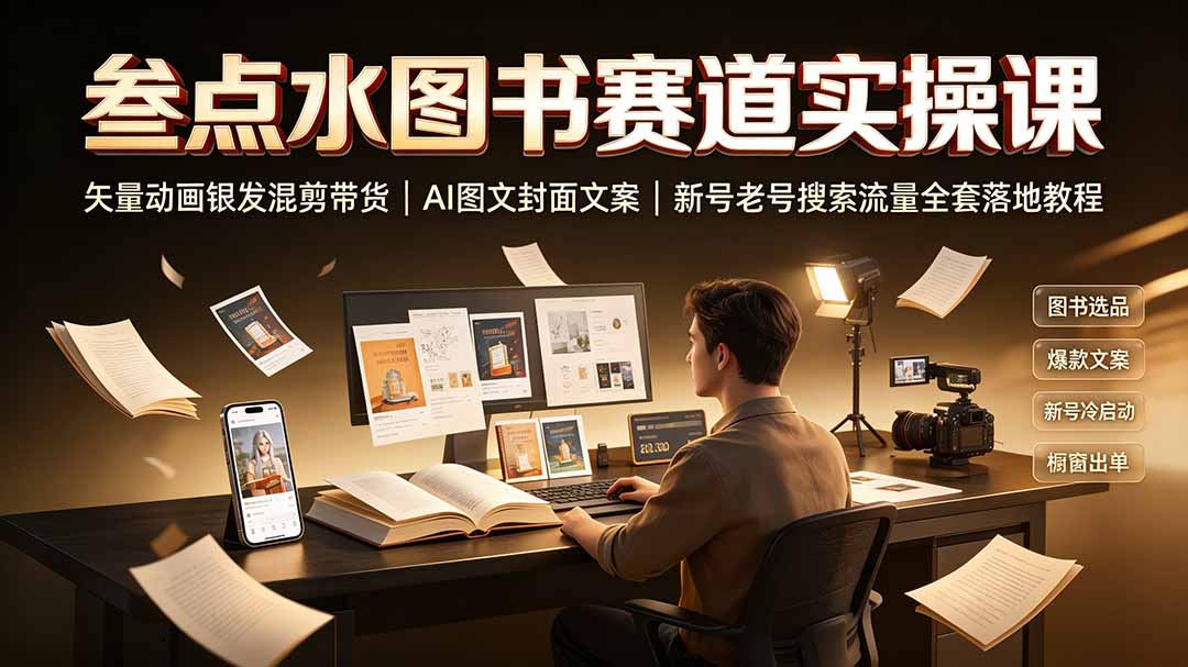 (19613期)叁点水图书赛道实操课|矢量动画银发混剪带货,AI图文封面文案,新号老号搜索流量全套落地教程