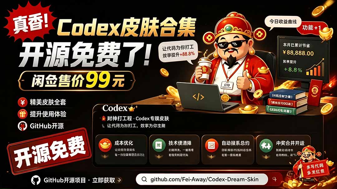 (19432期)闲鱼售卖99元的Codex皮肤包,GitHub 免费开源了!让你的codex变成精美界面 Codex Dream Skin