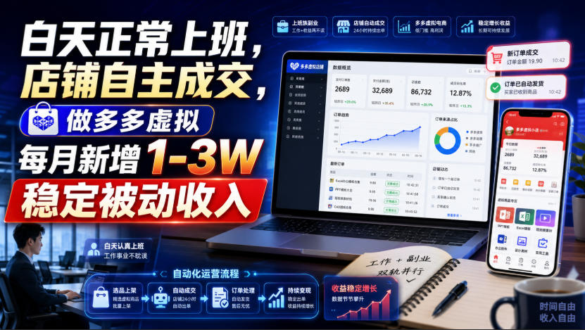 白天正常上班，店铺自主成交，做多多虚拟每月新增1-3W稳定被动收入