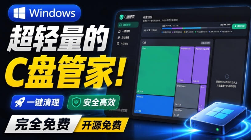 Windows超轻量的C盘管家!超级有特点,支持磁盘分析及清理提醒,2M大小体积,完全免费C盘管家