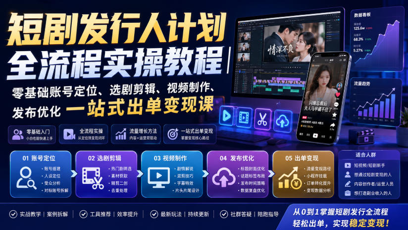 短剧发行人计划全流程实操教程|零基础账号定位、选剧剪辑、视频制作、发布优化一站式出单变现课