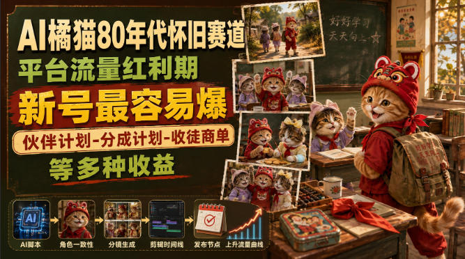 AI橘猫80年代怀旧赛道,平台流量红利期,新号最容易爆,伙伴计划-分成计划-收徒商单等多种收益