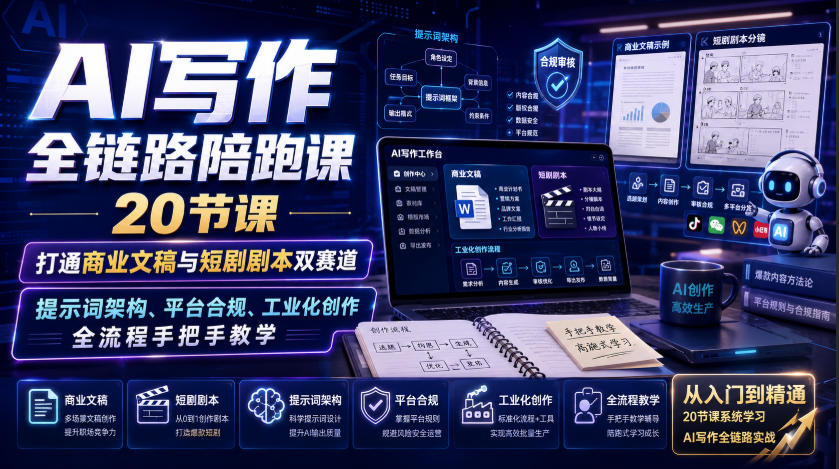 AI写作全链路陪跑课|20节课打通商业文稿与短剧剧本双赛道,提示词架构、平台合规、工业化创作全流程手把手教学