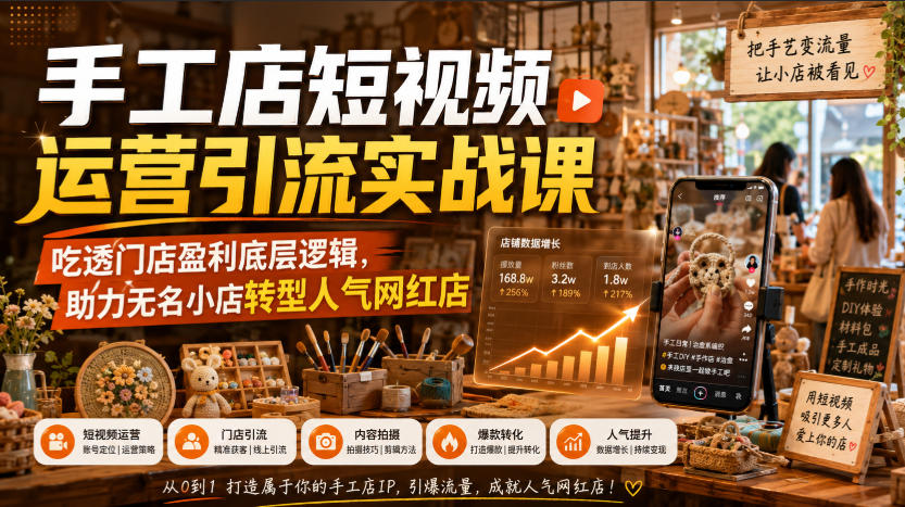 手工店短视频运营引流实战课,吃透门店盈利底层逻辑,助力无名小店转型人气网红店
