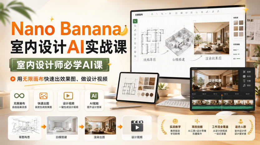 Nano Banana室内设计AI实战课,室内设计师必学AI课,用无限画布快速出效果图、做设计视频