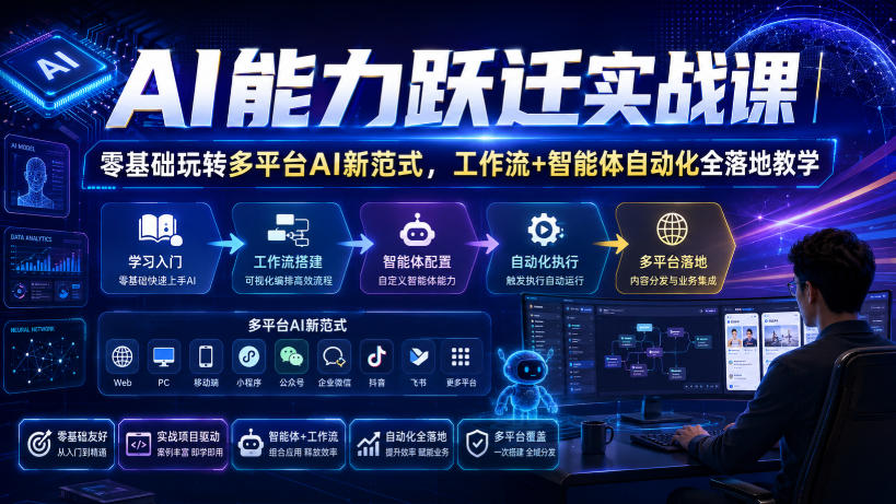 AI能力跃迁实战课｜零基础玩转多平台AI新范式，工作流+智能体自动化全落地教学