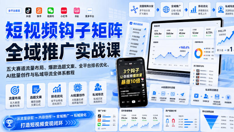 短视频钩子矩阵全域推广实战课｜五大赛道流量布局、爆款选题文案、全平台排名优化、AI批量创作与私域导流全体系教程