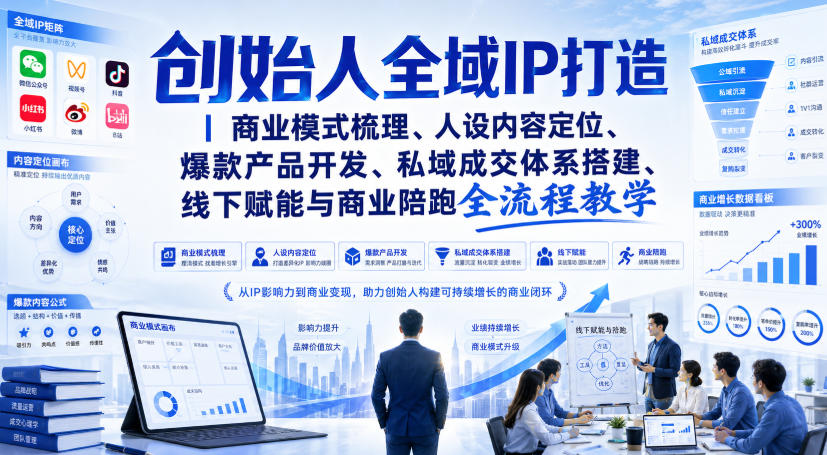 创始人全域IP打造｜商业模式梳理、人设内容定位、爆款产品开发、私域成交体系搭建、线下赋能与商业陪跑全流程教学