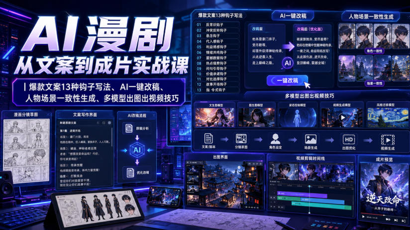 AI漫剧从文案到成片实战课|爆款文案13种钩子写法、AI一键改稿、人物场景一致性生成、多模型出图出视频技巧