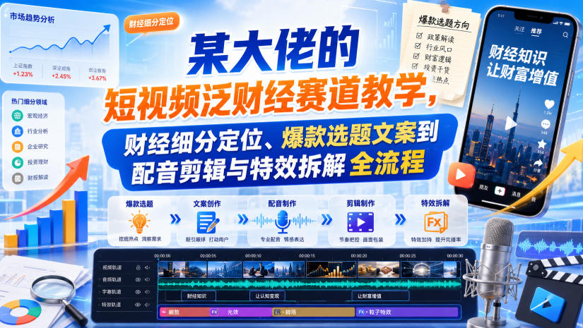 某大佬的短视频泛财经赛道教学，财经细分定位、爆款选题文案到配音剪辑与特效拆解全流程