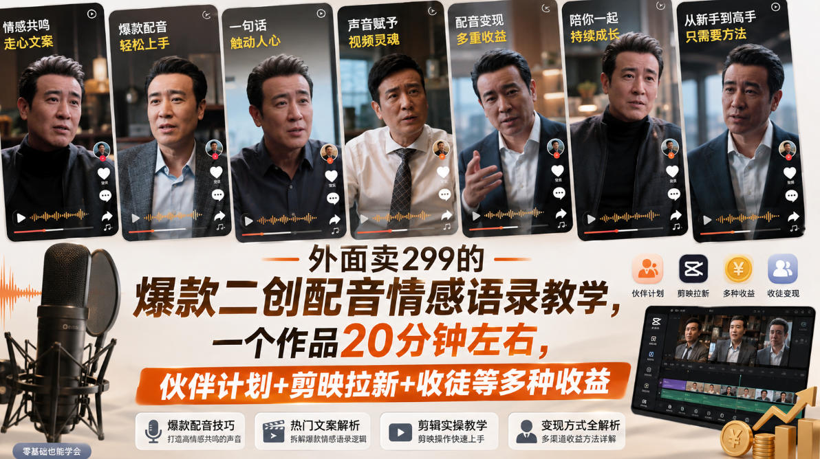 外面卖299的爆款二创配音情感语录教学，一个作品20分钟左右，伙伴计划+剪映拉新+收徒等多种收益