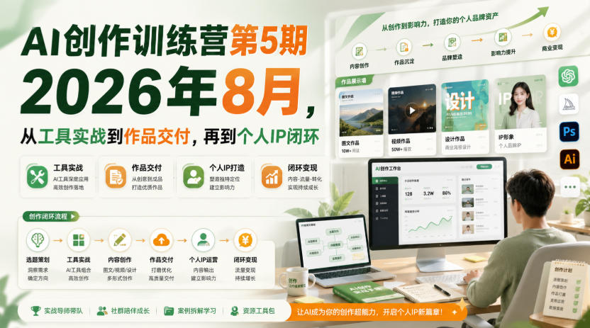 AI创作训练营第5期2026年8月，从工具实战到作品交付，再到个人IP闭环