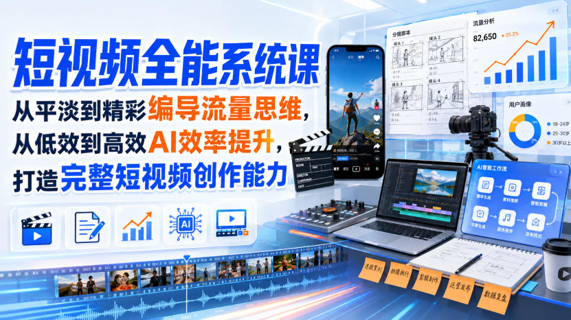 短视频全能系统课，从平淡到精彩编导流量思维，从低效到高效AI效率提升，打造完整短视频创作能力（2026年8月30更新233集）