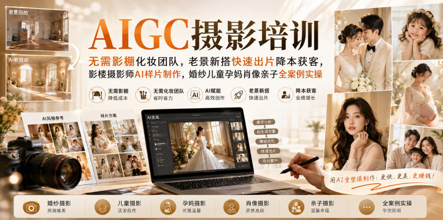 AIGC摄影培训|无需影棚化妆团队,老景新搭快速出片降本获客,影楼摄影师AI样片制作,婚纱儿童孕妈肖像亲子全案例实操