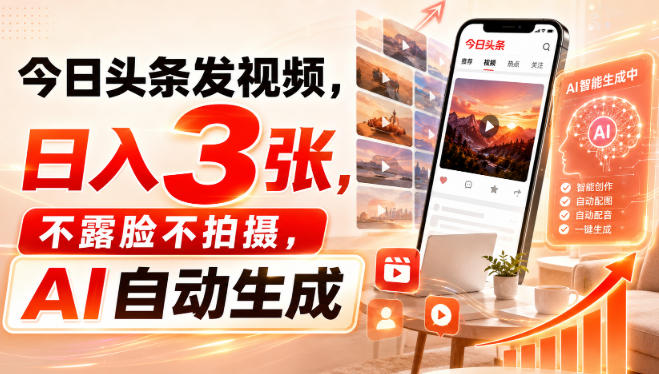 今日头条发视频，日入3张，不露脸不拍摄，AI自动生成