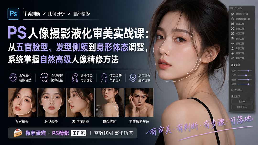 （20062期）PS人像摄影液化审美实战课：从五官脸型、发型侧颜到身形体态调整，系统掌握自然高级人像精修方法