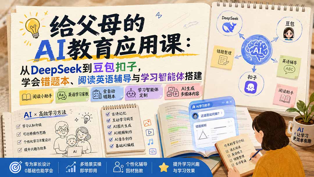 （19890期）给父母的AI教育应用课：从DeepSeek到豆包扣子，学会错题本、阅读英语辅导与学习智能体搭建