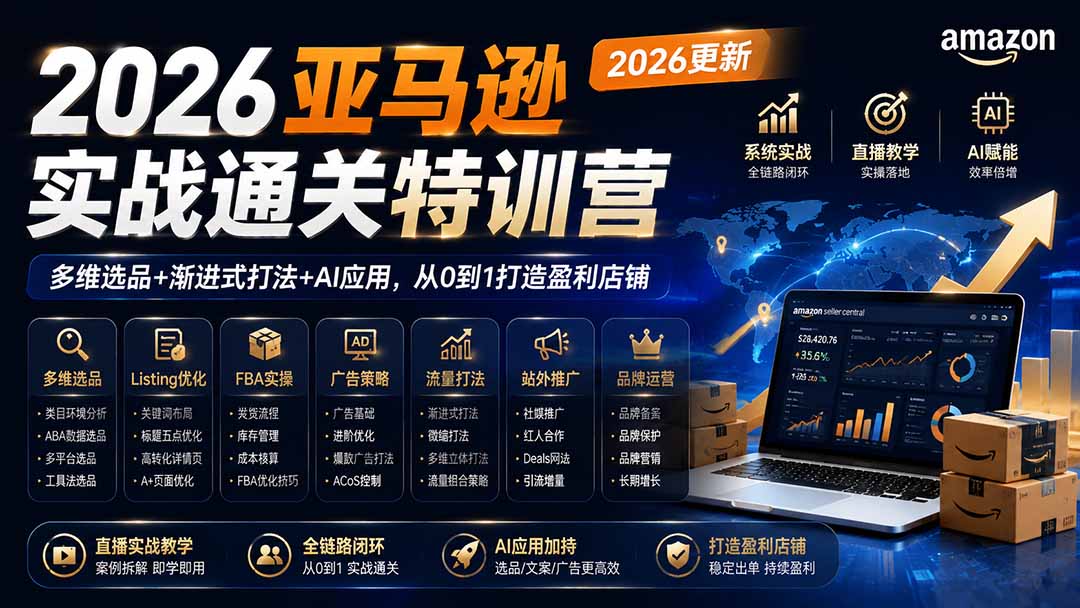 (19768期)2026亚马逊实战通关特训营-2026更新,多维选品+渐进式打法+AI应用,从0到1打造盈利店铺