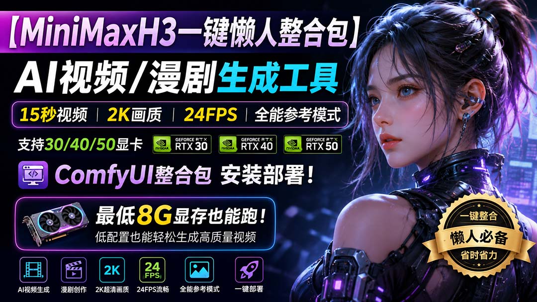 （20130期）MiniMaxH3一键懒人整合包：AI视频/漫剧生成工具，15秒视频_2K画质_24FPS_全能模式，支持30_40_50显卡，8g显存也能跑
