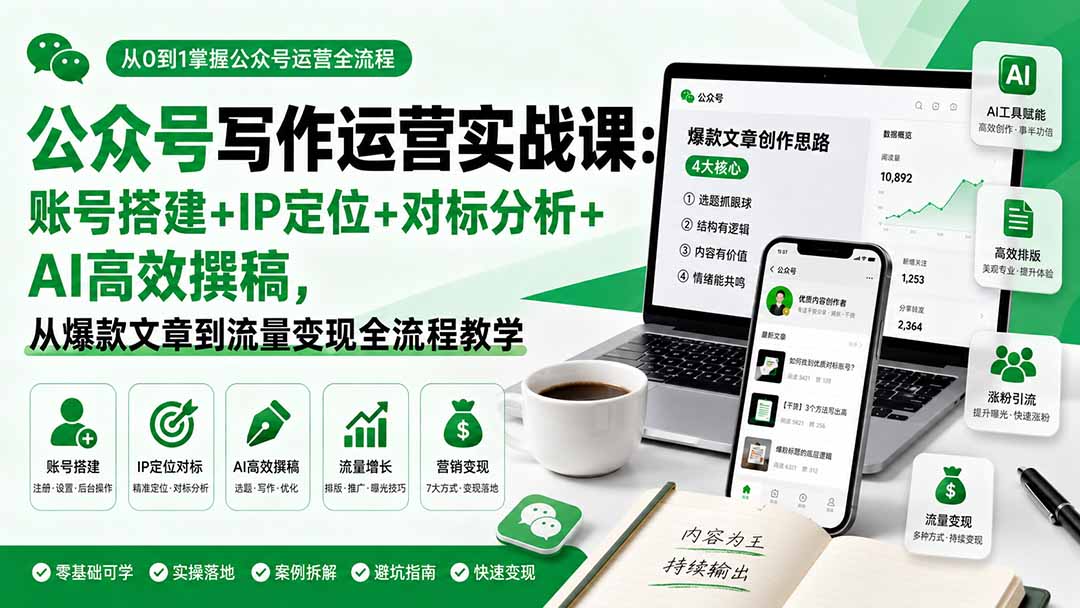（19914期）公众号写作运营实战课：账号搭建+IP定位+对标分析+AI高效撰稿，从爆款文章到流量变现全流程教学