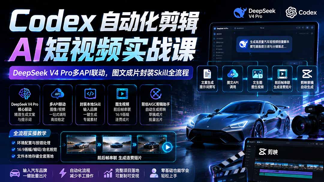 （19711期）Codex自动化剪辑AI短视频实战课｜DeepSeek V4 Pro多API联动，图文成片封装Skill全流程