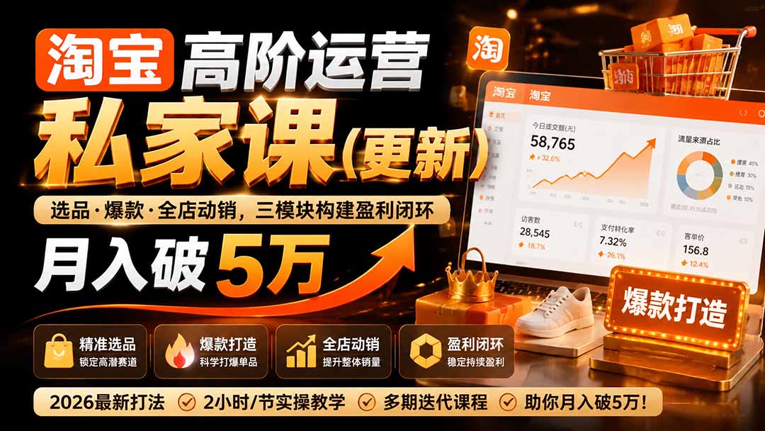 (19726期)淘宝高阶运营私家课(更新26年4月18):选品、爆款、全店动销,三模块构建盈利闭环,月入破5万