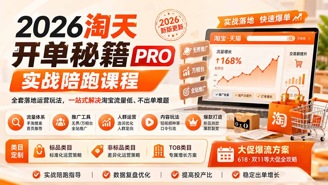 （20029期）2026淘天开单秘籍PRO实战陪跑课程：全套落地运营玩法，一站式解决淘宝流量低、不出单难题（更新260823）