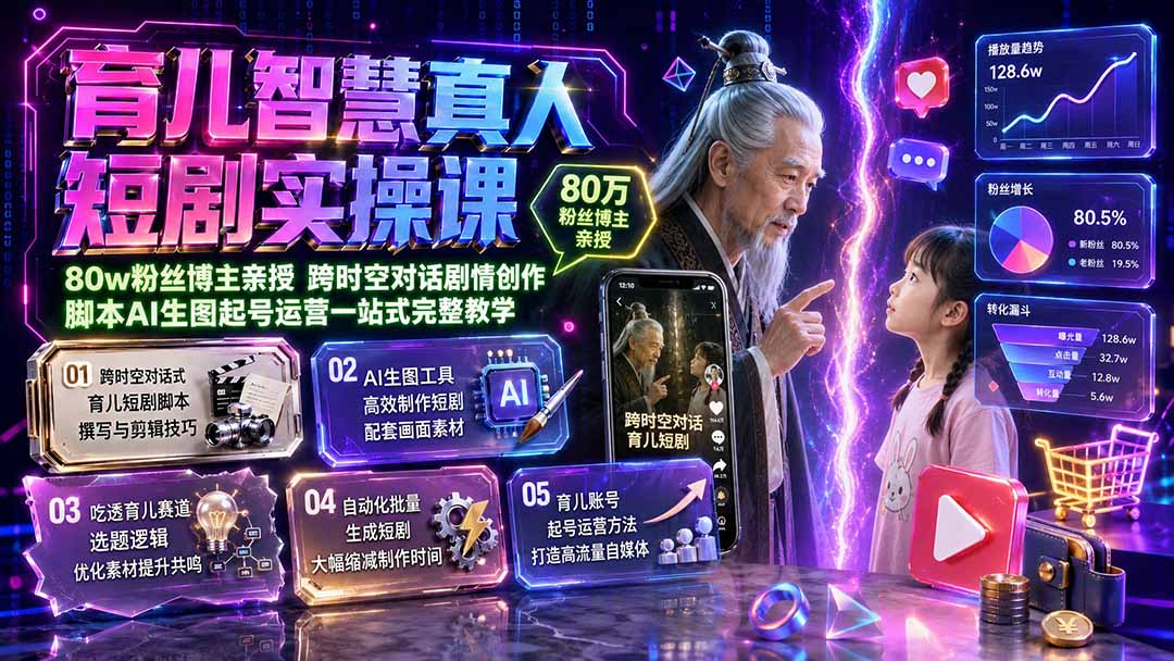 （19663期）育儿智慧真人短剧实操课｜80w粉丝博主亲授，跨时空对话剧情创作，脚本AI生图起号运营一站式完整教学