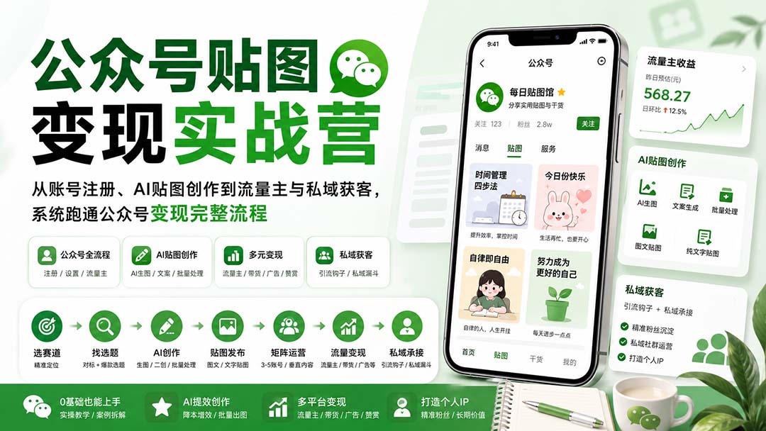 （20120期）公众号贴图变现实战营：从账号注册、AI贴图创作到流量主与私域获客，系统跑通公众号变现完整流程