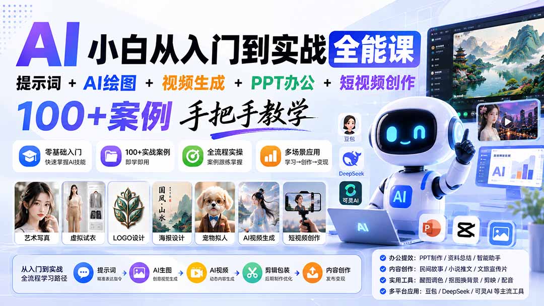 （20018期）AI小白从入门到实战全能课：提示词+AI绘图+视频生成+PPT办公+短视频创作，100+案例手把手教学
