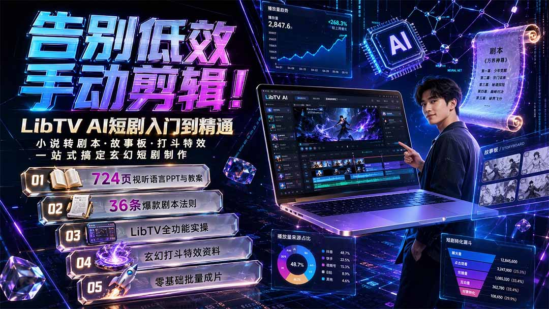 (19678期)告别低效手动剪辑!LibTV AI短剧入门到精通,小说转剧本方法,故事板打斗特效一站式搞定玄幻短剧制作