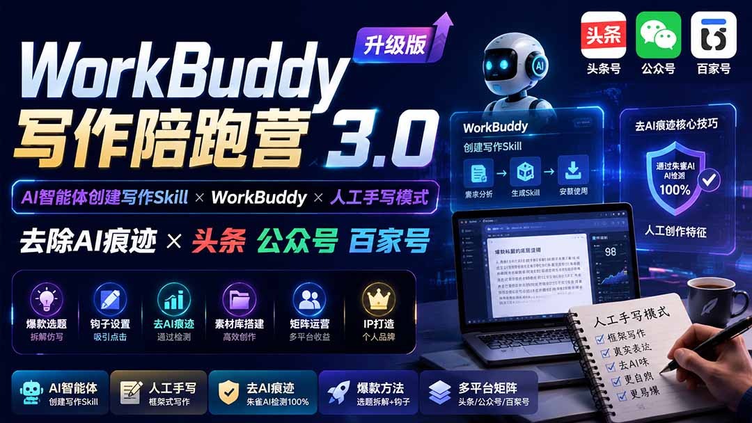（19720期）WorkBuddy写作陪跑营3.0-更新：Ai智能体创建写作Skill×WorkBuddy×人工手写模式×去除AI痕迹×头条公众号百家号