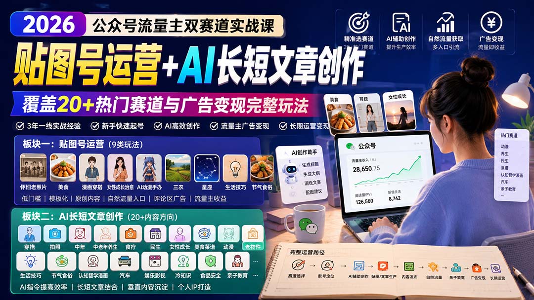 (20153期)公众号流量主双赛道实战课:贴图号运营+AI长短文章创作,覆盖20+热门赛道与广告变现完整玩法