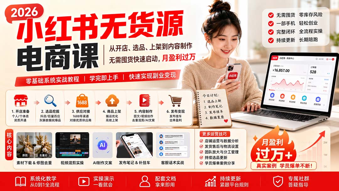(20154期)小红书无货源电商课(8月30更新):从开店、选品、上架到内容制作,无需囤货快速启动,月盈利过万