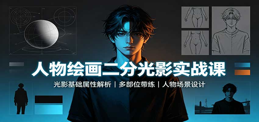 人物绘画二分光影实战课：光影基础属性解析，多部位带练，人物场景设计