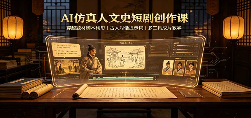 AI仿真人文史短剧创作课：穿越题材脚本构思，古人对话提示词，多工具成片教学